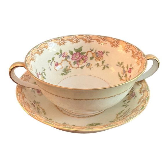 Noritake Other - Vintage Noritake 2 handle Soup Cup and Saucer Floral Pattern Gold Trim Japan